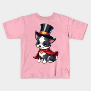 Adorable Puppy Wearing a Top Hat and Cape Kids T-Shirt